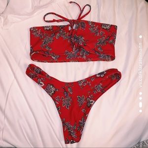 Lace-Up Red Flower Bando Bikini